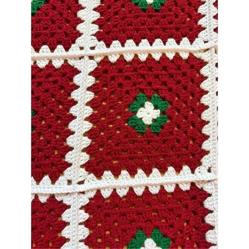 Handmade Red Green & White Christmas Colors Granny Square Crochet Throw Blanket